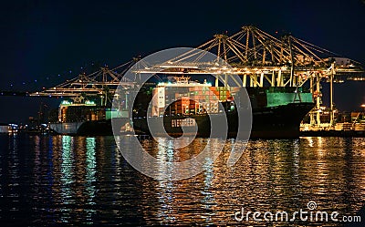 Container ships load and unload by gantry cranes at night in the Port of Los Angeles, California Editorial Stock Photo