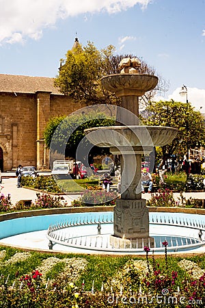 church san pedro andahuaylas catholic religion with a bell tower and barroque architecture in and historical fountain respective Editorial Stock Photo