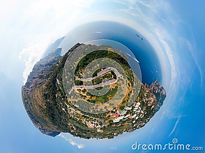 San Pietro viewpoint. Little planet. Curve road to Positano, Amalfi, Salerno. Aerial view Italy mountains, sea. Travel tour Stock Photo