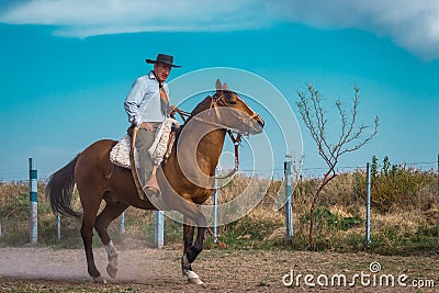 San Rafael, Argentina, October 10th, 2021; Argentine cowboy gaucho walks his horse past camera, in Patagonia Editorial Stock Photo