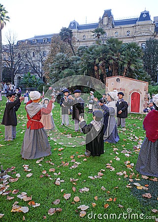 San Sebastian, Spain - Dec 12, 2022: Statues depicting traditional Basque Christmas scenes in Donosti Editorial Stock Photo