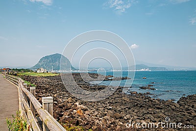 Sanbangsan Mountain and beach, Jeju Olle Trail in Jeju island, Korea Stock Photo