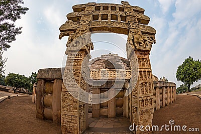 Sanchi Stupa, Ancient buddhist building, religion mystery, carved stone. Travel destination in Madhya Pradesh, India. Stock Photo