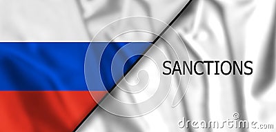 Sanctions against Russia flag imposed by Western countries. The concept on the topic of sanctions in Russia. 3d Cartoon Illustration