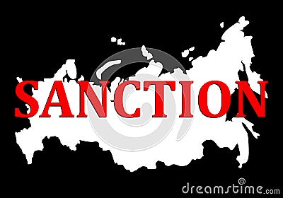 Sanctions against Russia. Silhouette of map of Russian federation with red text sanction. Collapse and destruction Vector Illustration