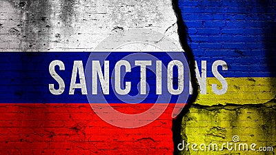 Sanctions against Russia because of war in Ukraine concept background with text. Flag background, cracked brick wall Editorial Stock Photo