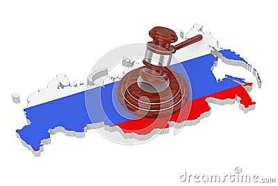 Sanctions Concept. Wooden Justice Gavel with Soundboard over Russia Map with Flag. 3d Rendering Stock Photo