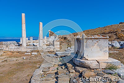 Sanctuary of Hera at ancient ruins at Delos island in Greece Stock Photo