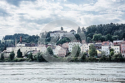 Sanctuary Mariahilf and old houses on the hill in Passau, German Stock Photo