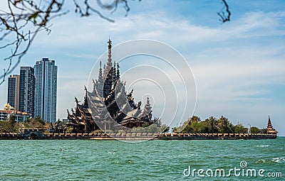 Sanctuary of Truth. Beautiful Landmark view of sculpture of Sanctuary of Truth temple with sunset sky background in Pattaya, Editorial Stock Photo