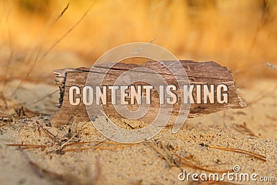 In the sand against the background of yellow grass there is a sign with the inscription - CONTENT IS KING Stock Photo