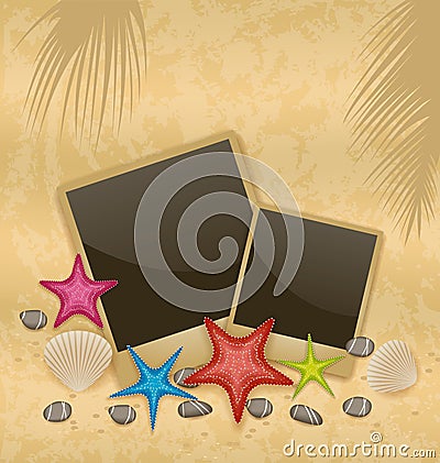 Sand background with photo frames, starfishes, peb Vector Illustration