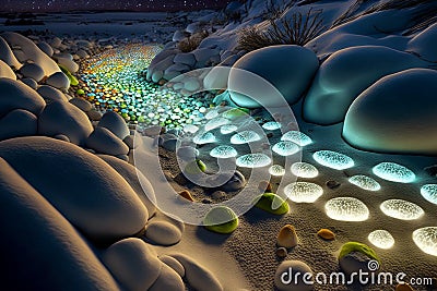 Sand Beach Covered with Colorful Luminous Transparent Pebbles Stock Photo