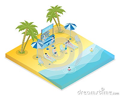 Sand beach recreation isometric vector illustration. Male and female tourists with kids and bartender 3D cartoon Vector Illustration