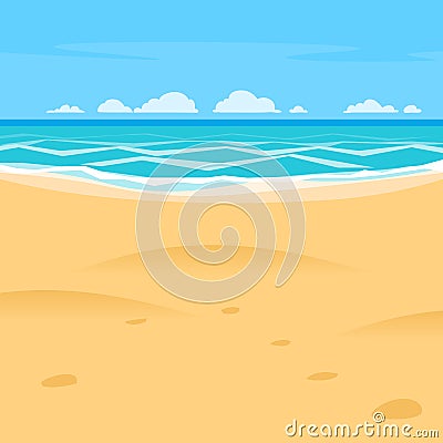 Sand beach simple cartoon style background. Sea shore view Vector Illustration