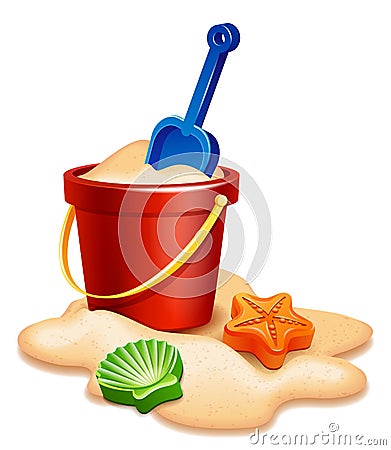 Sand Bucket, shovel and rake Vector Illustration