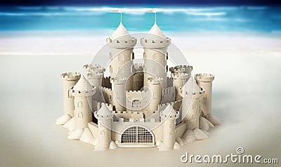 Sand castle built on the sands of a beach. 3D illustration Cartoon Illustration