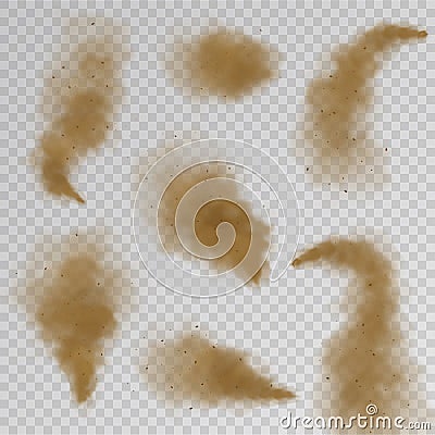 Sand cloud. Dry dust fog, desert sandy air explosion with particles. Brown dirty spray vector isolated textures Vector Illustration