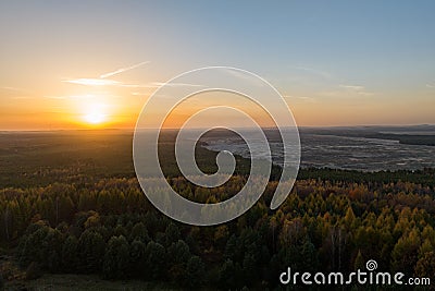 Sand desert Located on the border of the Silesian Upland, Bledow, Klucze and village of Chechlo, large forest area aerial drone Stock Photo