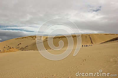 Tourists walking in a line in sand dunes of cape Reinga Stock Photo