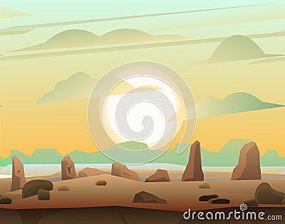 Sand empty view. Rocky landscape with stones. Cartoon fun style. Sunset or sunrise.Mountains in distance horizon. Flat Vector Illustration