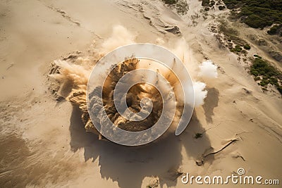 sand explosion captured from bird's-eye view, with the blast reaching high into the sky Stock Photo