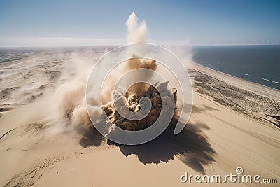 sand explosion captured from bird's-eye view, with the blast reaching high into the sky Stock Photo