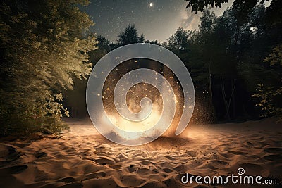 sand explosion in magical forest, with twinkling stars and moon above Stock Photo