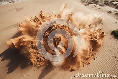 sand explosion seen from above, with sand and debris flying in every direction Stock Photo