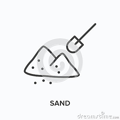 Sand flat line icon. Vector outline illustration of sandpit and shovel. Black thin linear pictogram for earthwork tool Vector Illustration