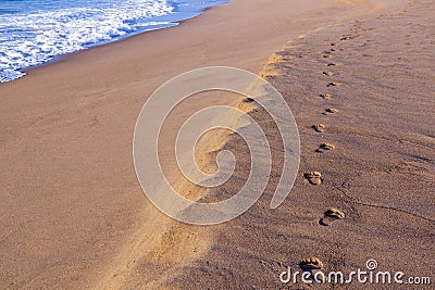 Sand Footprint Trail on Empty Beach Next to Ocean Stock Photo