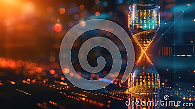 Sand grains in a digital hourglass morphing into binary code, representing the fleeting essence of time in the data age Stock Photo