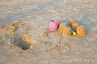 `Sand Palace` and tools at the beach Stock Photo