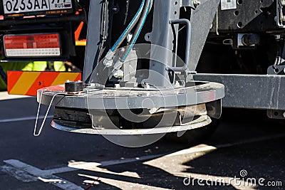 Sand, reagent and salt spreader mechanism on special vehicle. Back part of maintenance service truck Stock Photo