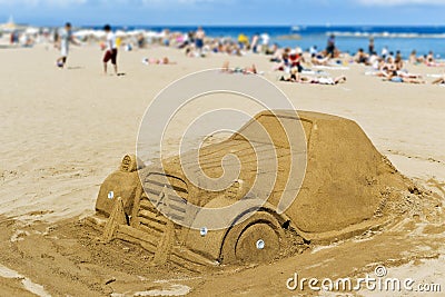 Sand sculpture at La Barceloneta Beach, in Barcelona, Spain Stock Photo