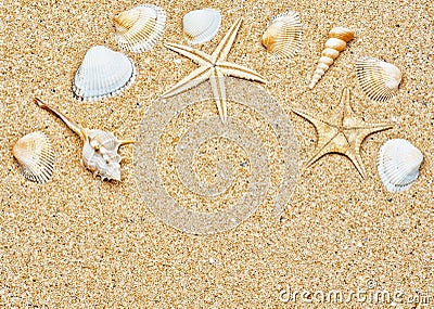 Sand and sea shells frame Stock Photo