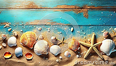sand with seashells and starfish on wooden turquoise background Stock Photo