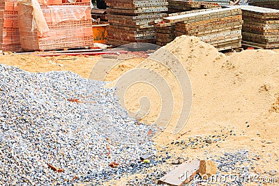 Sand and stone steel sheet pile in construction industry house renovate Stock Photo