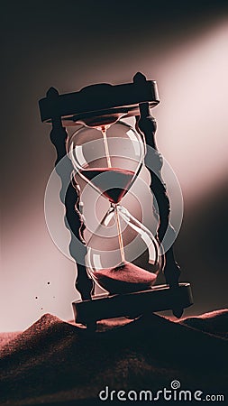 A sand timer on gradient background, sand flowing, emphasizing passage of time Stock Photo