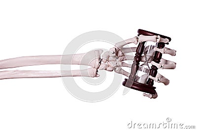 Sand timer in skeleton hand Stock Photo