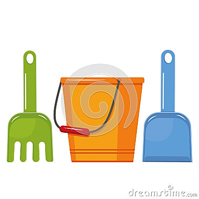 Sand tools bucket rake shovel, color vector illustration in cartoon style Vector Illustration