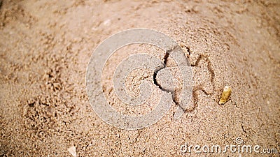 on the sand, you can see the silhouette of the airplane, the imprint of a children's sandbox for playing with sand Stock Photo