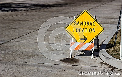Sandbag Location Sign On Corner Stock Photo