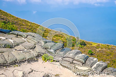 Sandbag for protecting the enemy from invading Stock Photo