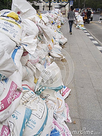A sandbags at sidewalk - Thailand conflict Editorial Stock Photo