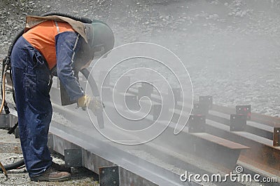 Sandblasting I beams Stock Photo