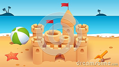 Sandcastle with towers on empty summer sea beach Vector Illustration