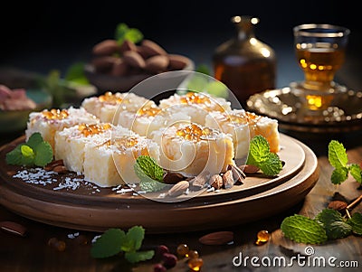Sandesh on a rustic wooden table Stock Photo