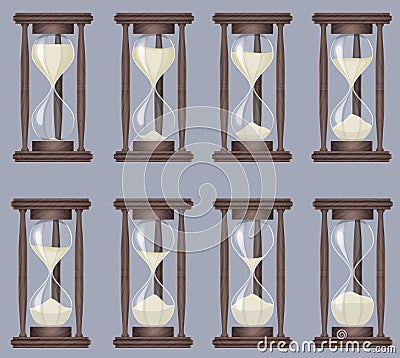 Sandglass icons animation set. Time hourglass, realistic sandclock process timer. Vector Illustration