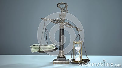 Sandglass outweighs dollar banknotes, time management, valuable resources usage Stock Photo